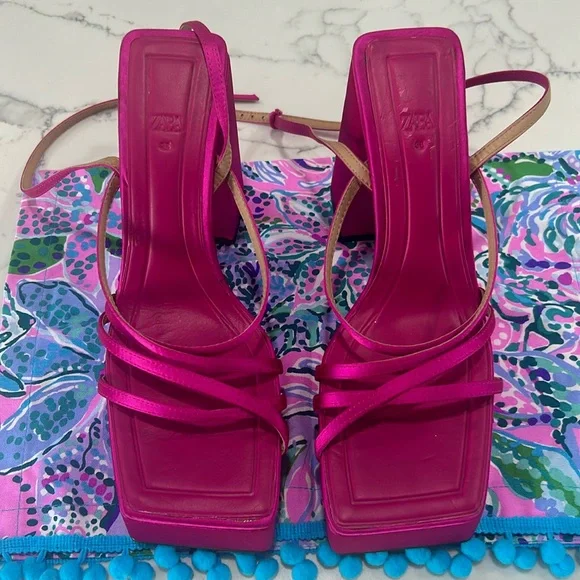 Zara Fuchsia Strappy Heeled Platform Sandals‎ Chunky Satin Pink Barbie. Size 38 - Picture 2 of 8